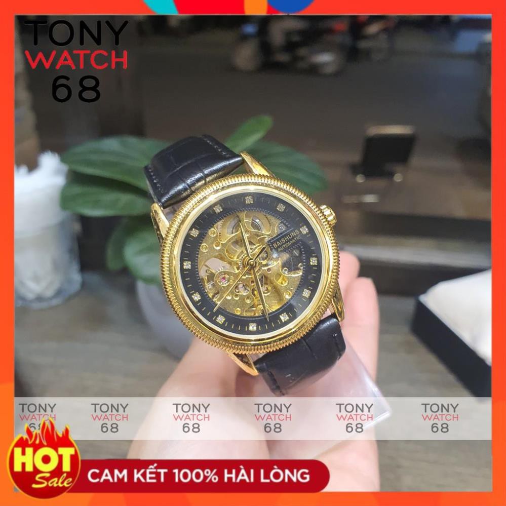 Đồng hồ cơ nam lộ máy giá rẻ dây da chính hãng Baishuns chống nước Tony Watch