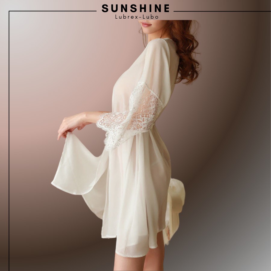 Áo choàng kimono Voan lụa phối ren cao cấp SUNSHINE LUBREX-LUBO  Màu Trắng TINH KHÔI