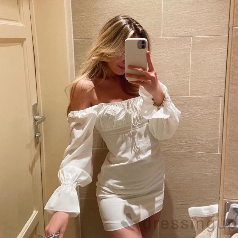 Đầm cổ vuông dài tay thiết kế dây thắt trước ngực thời trang nữ | BigBuy360 - bigbuy360.vn