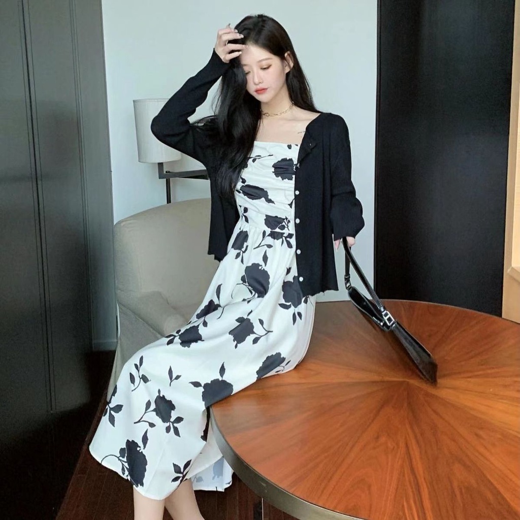 Đầm Hoa Dài Tay Màu Đen Phong Cách Pháp Cổ Điển Sang Trọng Dành Cho Nữ