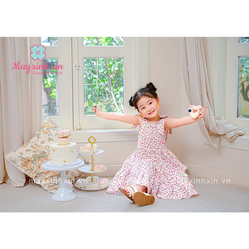 Váy hè bé gái - Váy thiết kế cho bé - Đầm hè thiết kế cho bé gái - váy hoa nhí hồng hai dây phối nơ Maya