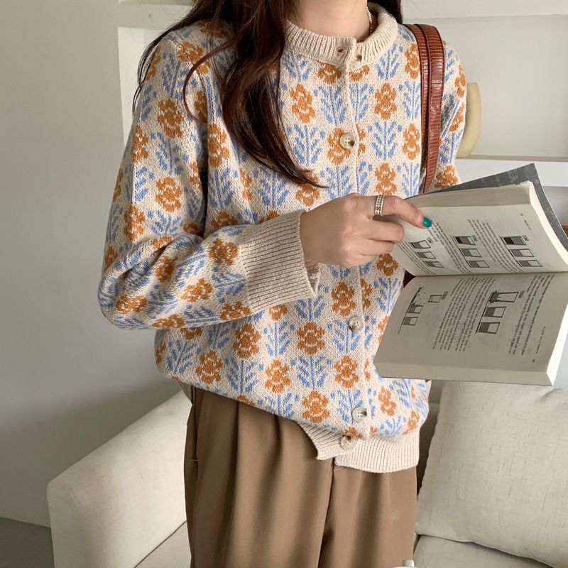 Áo khoác sweater cardigan cổ tròn họa tiết hoa phong cách phương Tây cho nữ