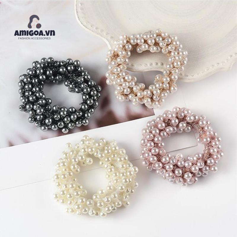 Dây Buộc Tóc Cao Su Co Giãn Đính Hạt Ngọc Trai Giả Xinh Xắn