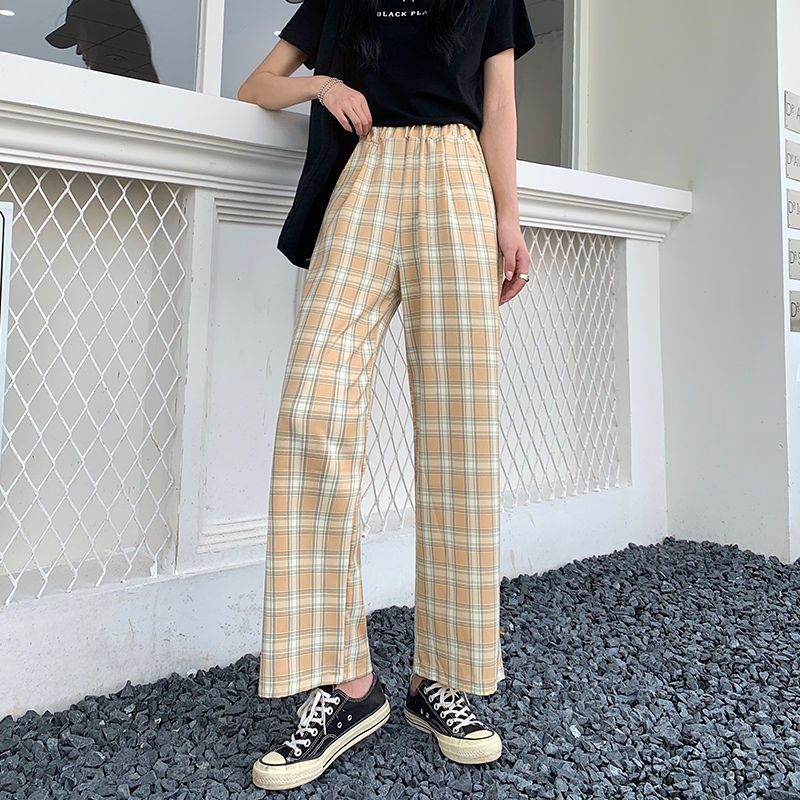 Plaid pants women's summer loose and thin wide-leg pants wild straight casual pants trend