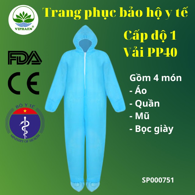 Trang phục bảo hộ y tế cấp độ 1 vải PP40 (4 món), Bộ phòng dịch, chống độc