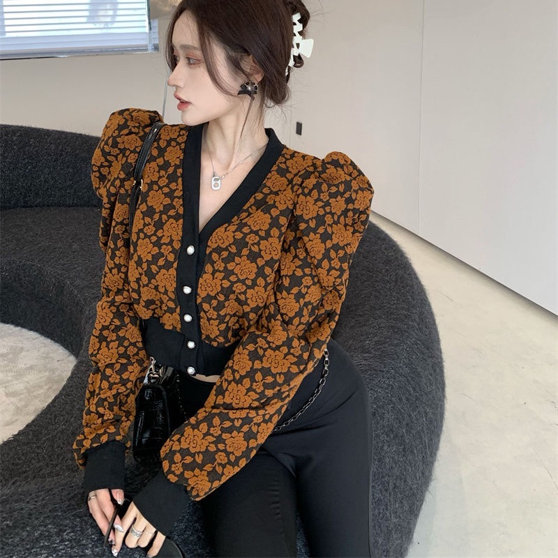 IELGY  Ielgy Áo Cổ Chữ V In Hình Hoa Hồng Tương Phản Kiểu Pháp Cổ Điển Cho Nữ