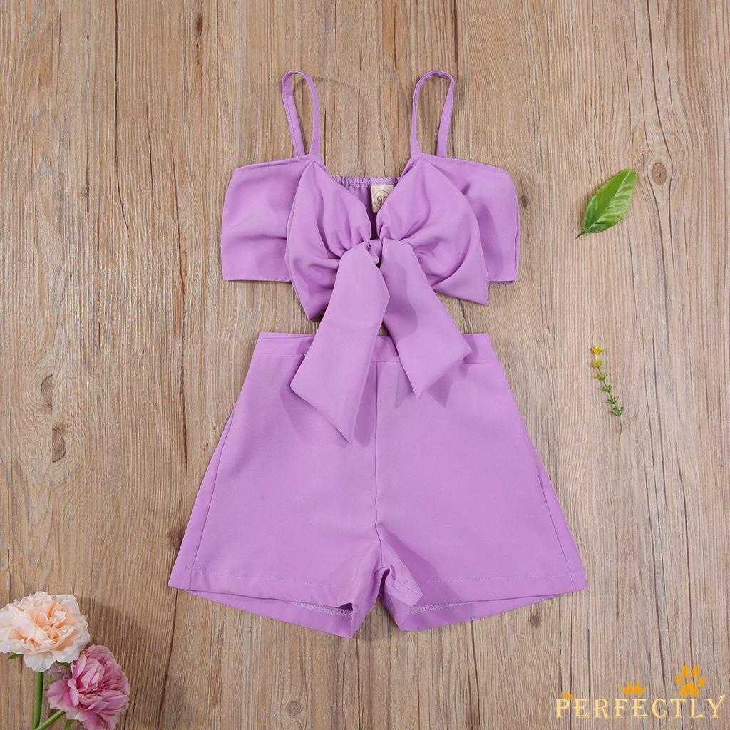 Set Áo Sát Nách Phối Nơ + Quần Short Lưng Thun Cho Bé Gái Tập Đi, Thời Trang Mùa Hè