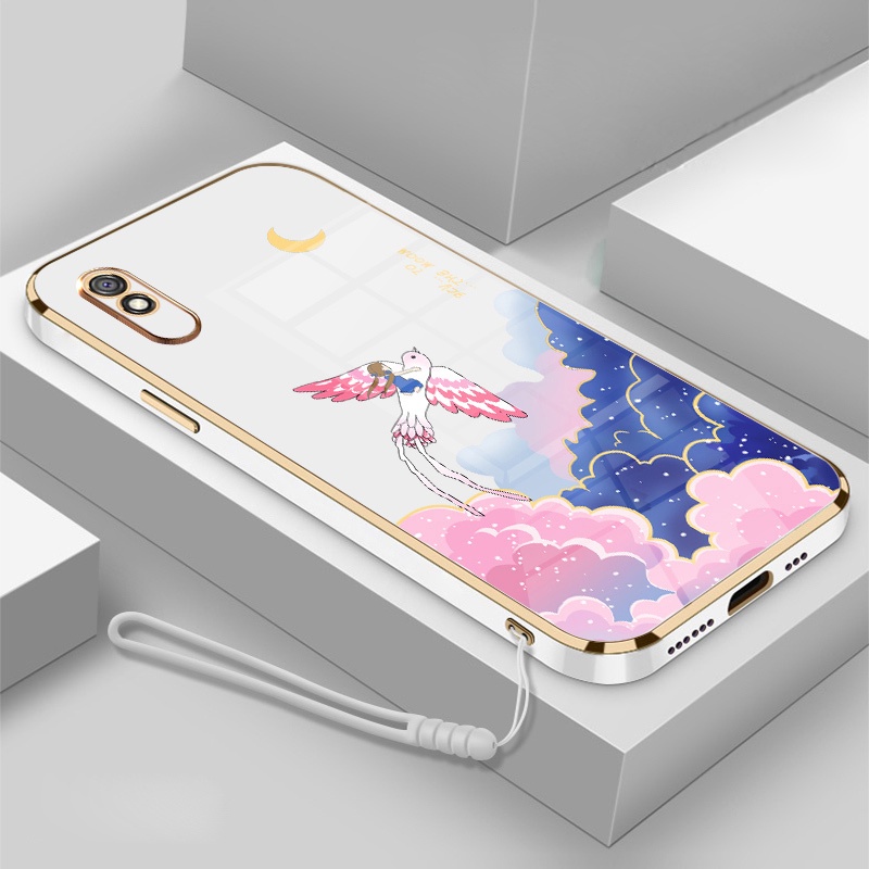 Ốp Điện Thoại Viền Mềm Mạ Điện In Hoạt Hình Kèm Dây Đeo Cho Redmi 9a 9c 9t 8a 10c