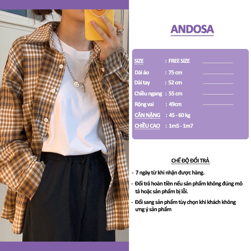 Áo sơ mi nữ kẻ caro hàng Quảng Châu form rộng tay dài kiểu đẹp ANDOSA SM19