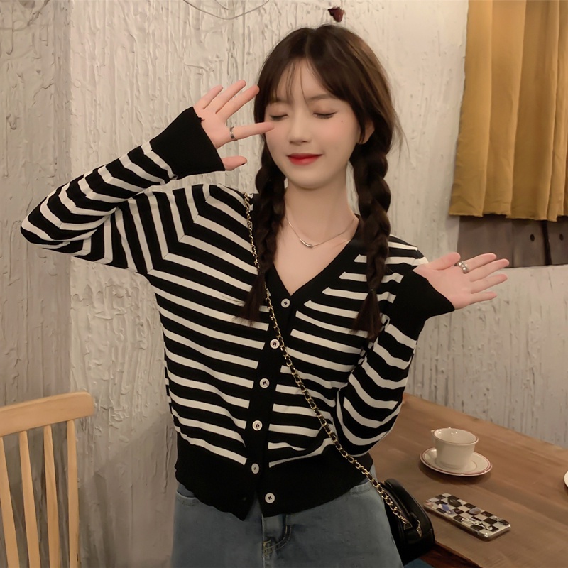 IELGY    Áo cardigan Dệt Kim Tay Dài Cổ Chữ V Dáng Rộng Kẻ Sọc Thời Trang Cho Nữ