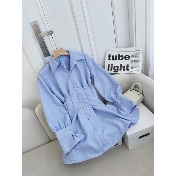 ĐẦM SƠ MI XANH CHIẾT EO TAY DÀI |hình thật chụp trải ghế|