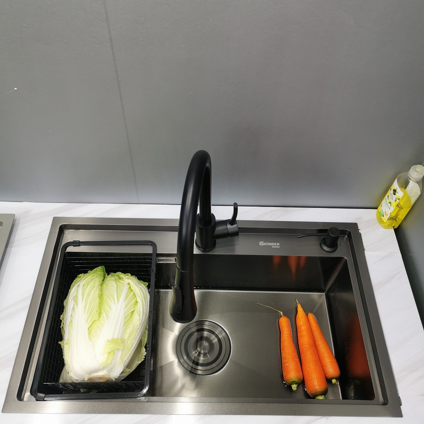 Chậu rửa bát 1 hố GRÜNDER HÀNG CHÍNH HÃNG CAO CẤP Bầu rác to đại 140mm thoát nước nhanh