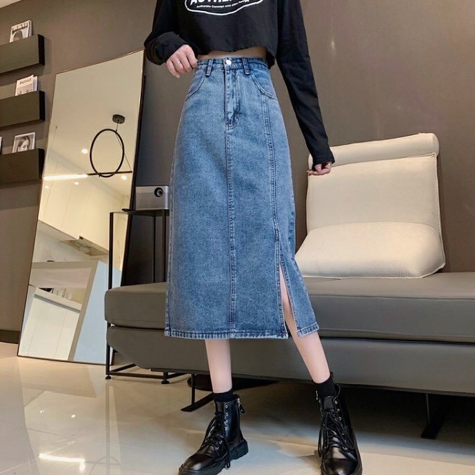 Chân Váy Jeans Nữ Dáng Dài KABICO Cạp Cao Xẻ Tà, Chân Váy Nữ Kaki Bò Phong Cách Ulzzang V03