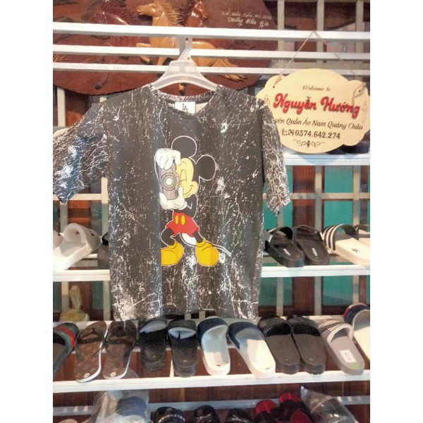 áo phông nam phom rộng chất cotton in hình con chuột mickey cực đẹp-áo phông nam loang