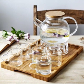 Bộ ấm trà thuỷ tinh nắp tre giả gỗ 1000ml