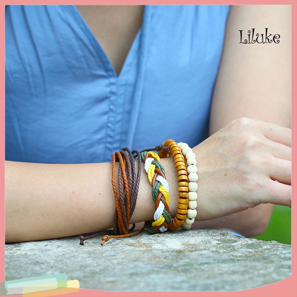 Bộ 4 Vòng Tay Dây Bện Giả Da Trang Trí Hạt Gỗ Phong Cách Cổ Điển Cho Nữ