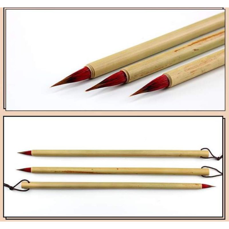Bút lông tiểu hồng mao- Cán bút: cán tre. Lông bút: lông đuôi chim- Tổng chiều dài 24cm- Xuất phong 1.8cm