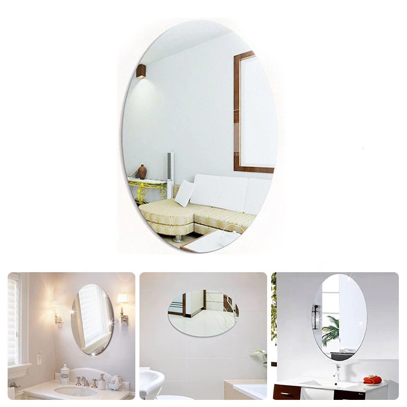 Sticker Dán Tường 2 Kiểu Hình Oval Mặt Gương Acrylic Chống Thấm Nước Tự Dính Cho Phòng Khách/Phòng Tắm