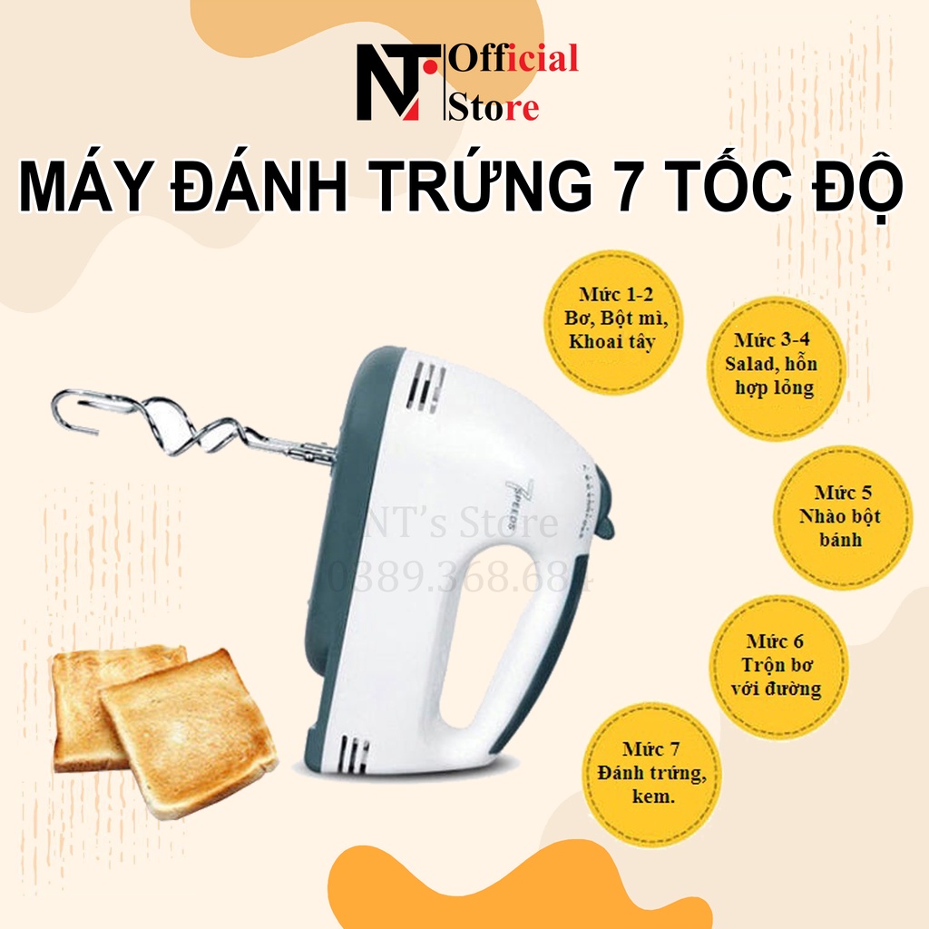 Máy đánh trứng,đánh kem cầm tay nhỏ gọn - Điều chỉnh 7 cấp tốc độ - Hoạt động êm ái - NT Store