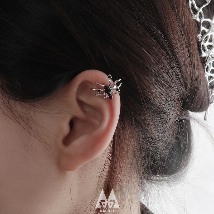 Khuyên Tai Kẹp Hình Xương Nhện Đính Đá Màu Đen/Bạc Phong Cách Gothic Gothic Cho Nữ