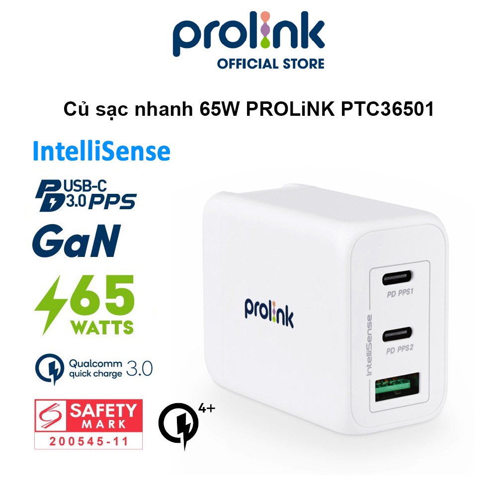 Củ sạc nhanh 65W PROLiNK PTC36501, 3 cổng (USB-A QC 3.0 & 2USB-C PD 3.0) IntelliSense, dùng cho điện thoại, iPad, Laptop