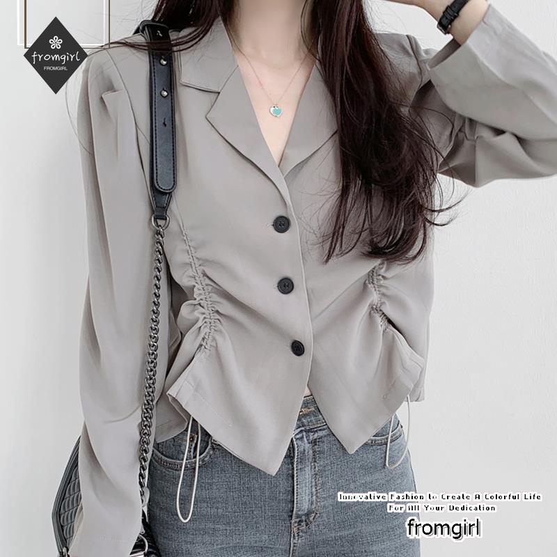 Áo Sơ Mi Tay Dài Cổ Bẻ Phối Dây Rút Phong Cách Hàn Quốc Thời Trang Mùa Thu Cho Nữ