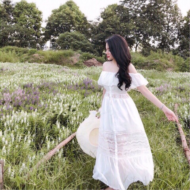 Đầm maxi ren trễ vai 2 lớp