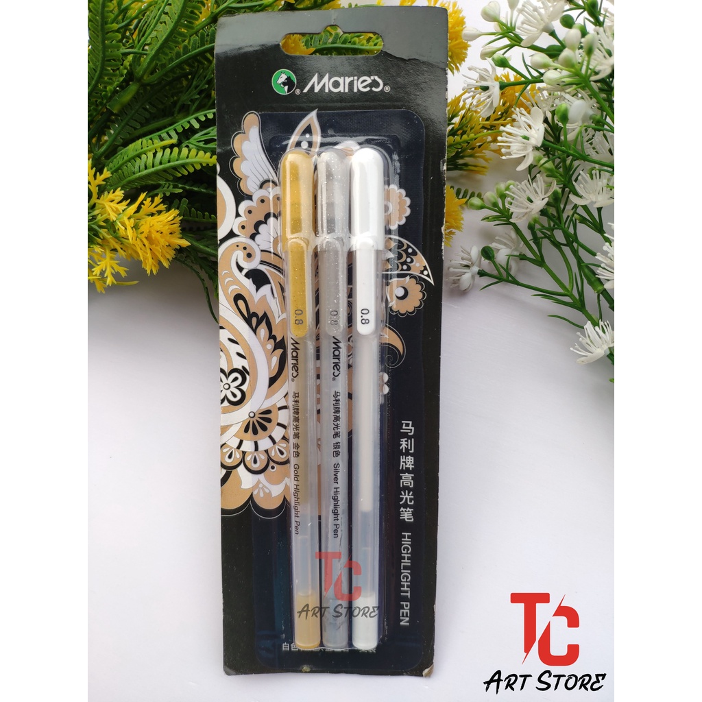 Bút gel Marie's Trắng, nhũ Vàng, nhũ Bạc - 0.8mm - TC ART