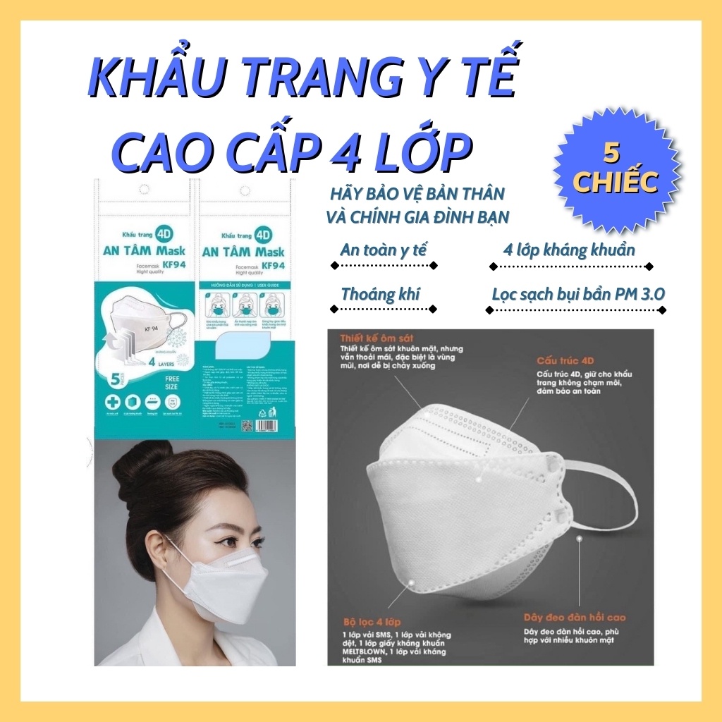 Khẩu trang y tế 4D mask model KF94 4 lớp Kháng Khuẩn An toàn chống dịch Thời Trang ( Gói 5 chiếc ) - AN TÂM