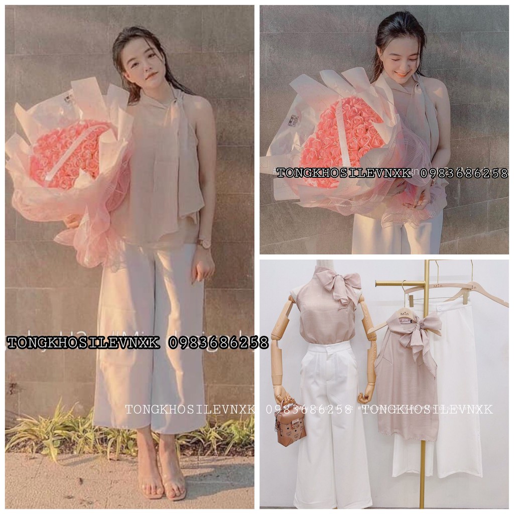 SET ÁO CỔ TÀU VOAN LỤA BUỘC NƠ HỒNG PHỐI QUẦN CULLOTES ỐNG RỘNG MÀU TRẮNG HOT