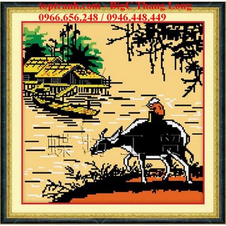 Tranh thêu chữ thập chăn trâu, tranh phong cảnh làng quê Việt Nam cỡ bé 222326 chưa thêu