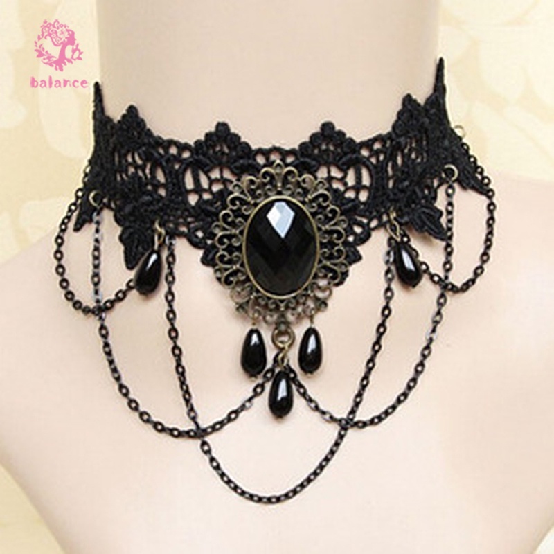 Vòng cổ choker phối ren đính đá quý phong cách cổ điển cho nữ