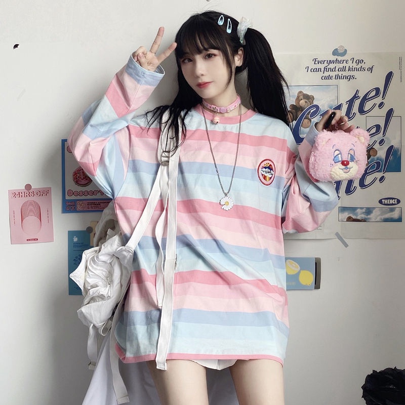 Áo Thun Tay Dài Dáng Rộng Họa Tiết Kẻ Sọc Cầu Vồng Phong Cách Hàn Quốc Thời Trang Mùa Thu Cho Nữ
