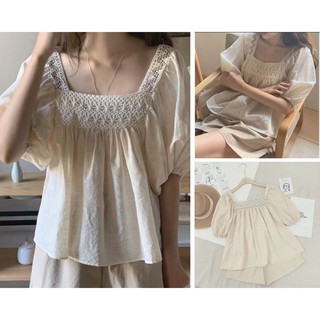 Áo linen cổ vuông viền ren form babydoll