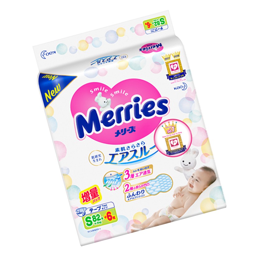 Tã/bỉm dán Merries size S - 82 + 6 miếng (Cho bé 4-8kg)