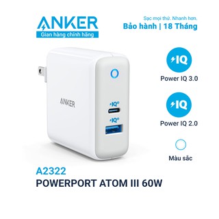 Sạc anker 2 cổng powerport atom iii 60w piq 3.0&gan - a2322