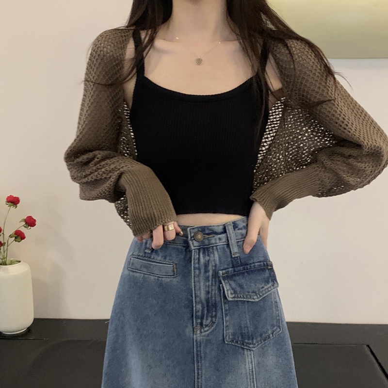 Áo Cardigan Dệt Kim Tay Dài Dáng Rộng Màu Trơn Khoét Lỗ Trước Ngực Cho Nữ