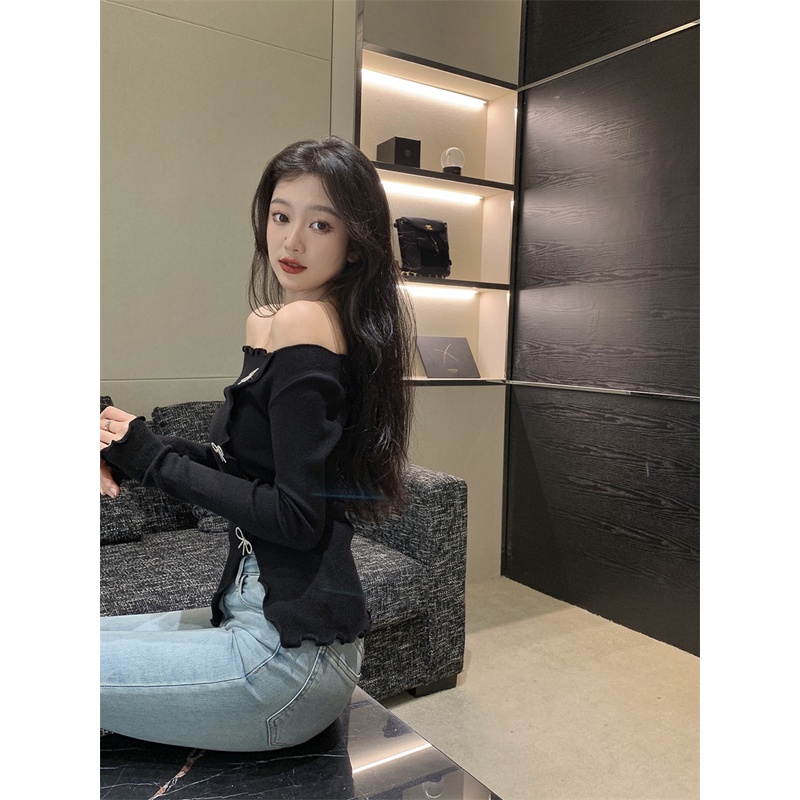 Áo sweater dệt kim tay dài đính nơ xinh xắn thời trang phong cách Hàn Quốc cho nữ