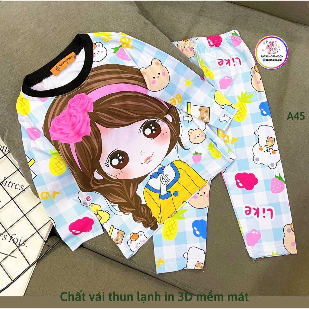 D186 - Đồ ngủ bé gái dài tay chất thun lạnh in 3D pony mickey kitty size đại 22 đến 40kg