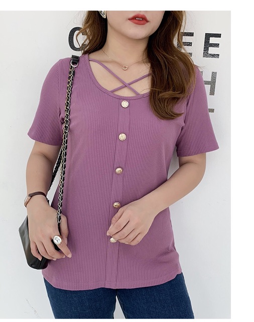 Áo thun gân cổ dây chéo đính 5 nút big size đại 65-100kg ( nâu, kem, tím, đen)z