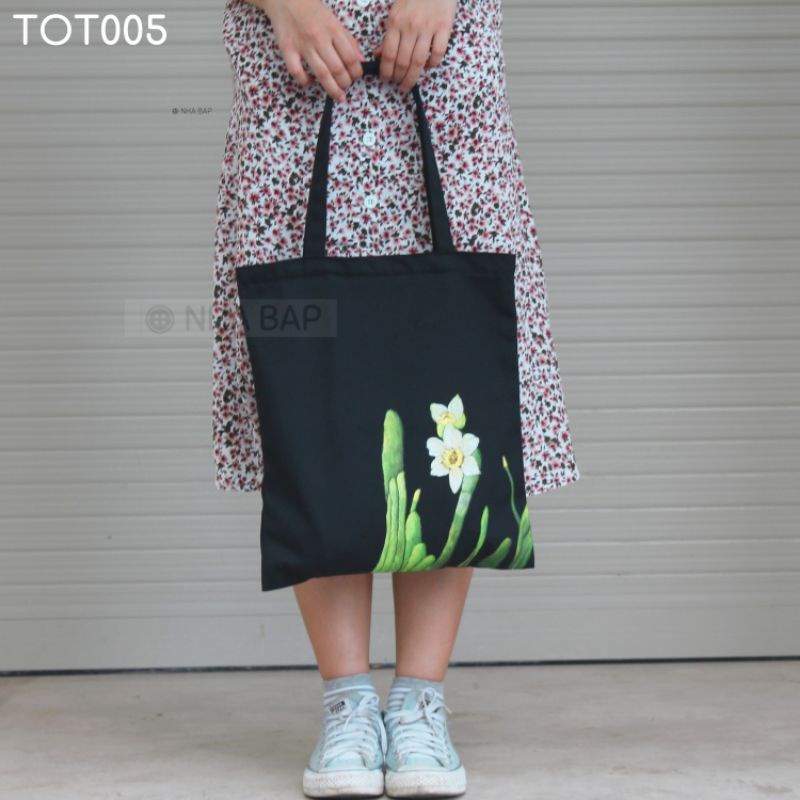 Túi tote vải bố canvas NHABAP đựng đồ đi học có túi con khóa miệng khổ A4 túi vải dày Vẽ Handmade làm quà tặng TOT005