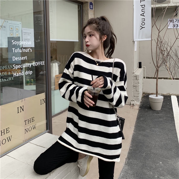 Áo Sweater Tay Dài Dáng Rộng Họa Tiết Kẻ Sọc Thời Trang Mùa Xuân Mới Cho Nữ