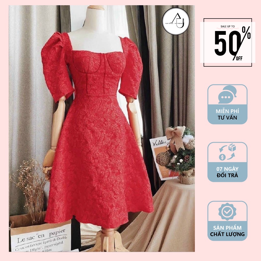 Đầm Gấm Dự Tiệc Tay Phồng Cổ Vuông AU.DESIGN Hoa Nhún Cúp Ngực Sang Chảnh Màu Đỏ Freesize