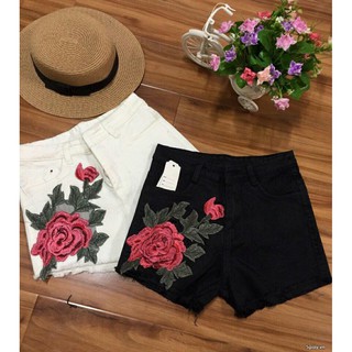 Quần short jean nữ thêu hoa hồng co giãn