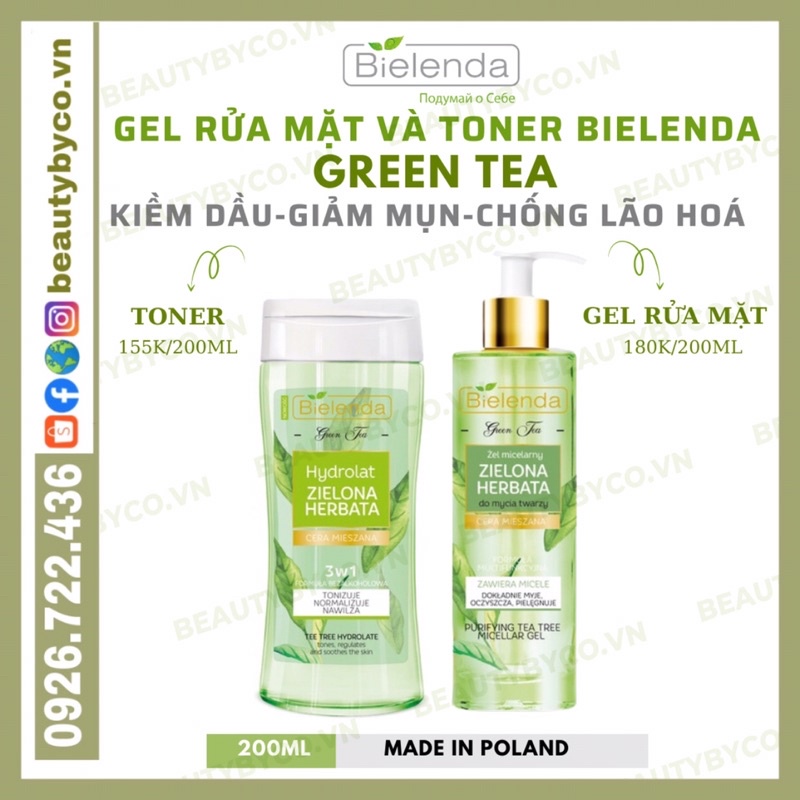 Gel rửa mặt & Toner Bielenda Green Tea làm sạch sâu, kiềm dầu, giảm mụn