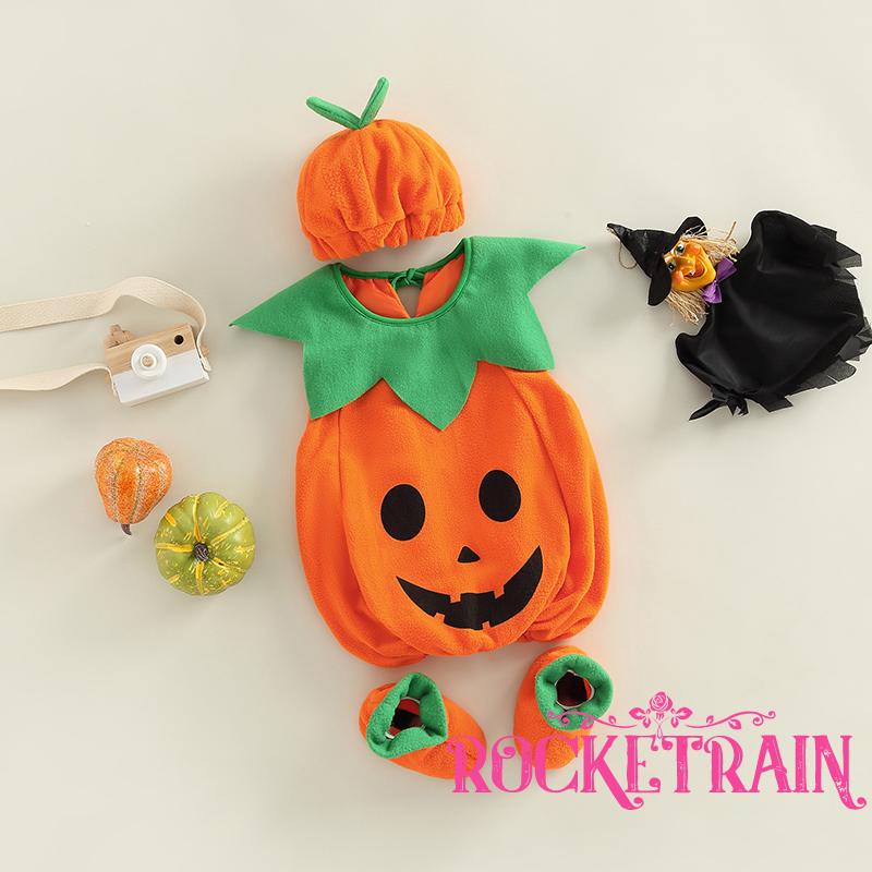 Set Áo Liền Quần + Mũ + Đôi Giày Hình Bí Ngô Dễ Thương Cho Bé