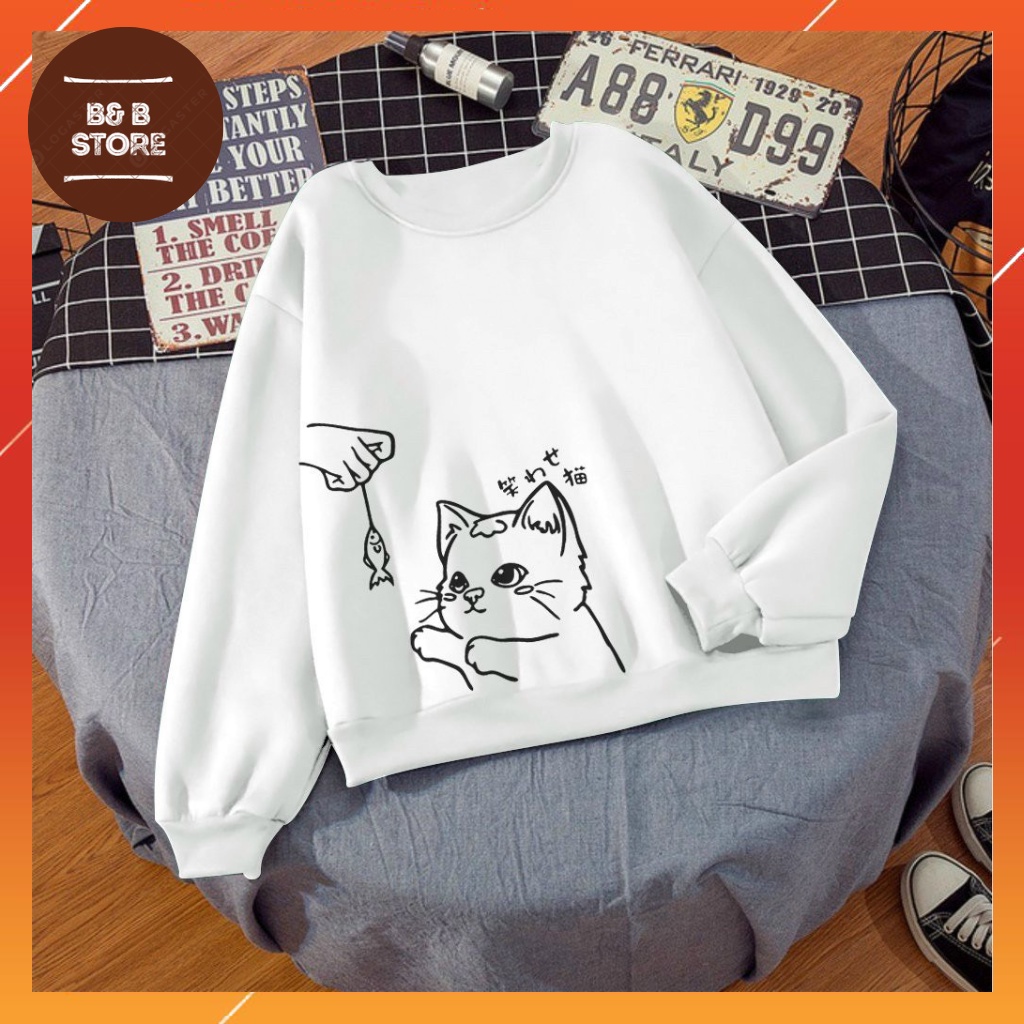 ÁO SWEATER NỈ UNISEX IN MÈO BẮT CÁ CỰC ĐẸP NHIỀU MÀU