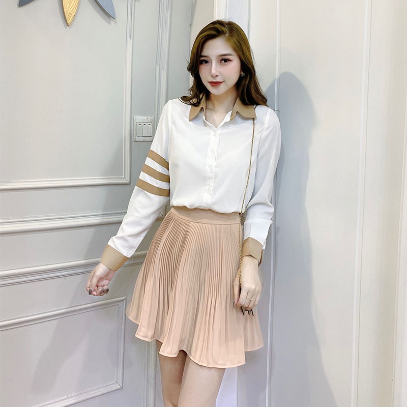 Áo sơ mi nữ trắng dài tay Chunxuu thiết kế tay phối sọc màu thanh lịch thời trang - SP39