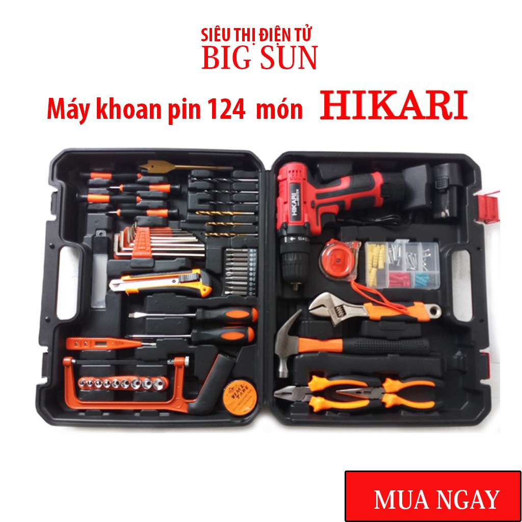 Bộ Máy khoan pin Hikari HR-12V -Bộ máy khoan hộp đựng dụng cụ 124 món. Pin Lithium ion 12V-1500mAh, Nhập khẩu Thái Lan