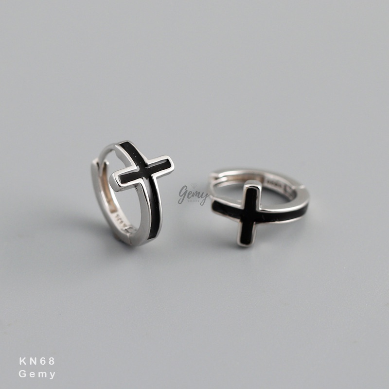 Khuyên tai tròn nam bạc 925 chữ thập màu đen unisex (1 chiếc) | GEMY SILVER KN68